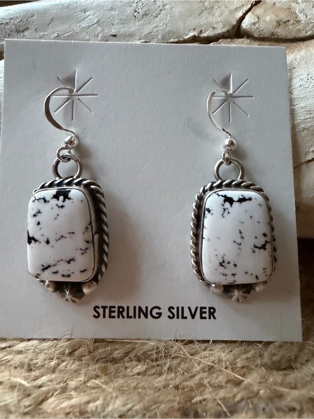 Chastity Belone Navajo Sterling Silver White Buffalo -Style Drop Earrings